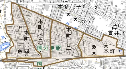 本町とその周辺の地図。町の範囲を重ねている