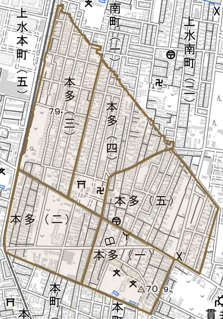 本多とその周辺の地図。町の範囲を重ねている