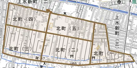 北町とその周辺の地図。町の範囲を重ねている