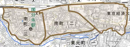 南町とその周辺の地図。町の範囲を重ねている