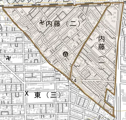 内藤とその周辺の地図。町の範囲を重ねている
