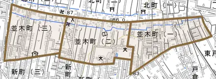 並木町とその周辺の地図。町の範囲を重ねている