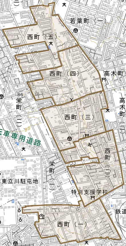 西町とその周辺の地図。町の範囲を重ねている
