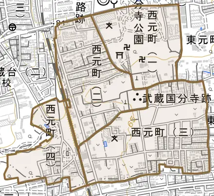 西元町とその周辺の地図。町の範囲を重ねている