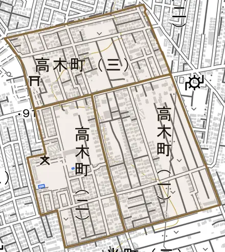 高木町とその周辺の地図。町の範囲を重ねている