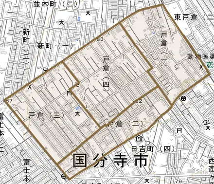 戸倉とその周辺の地図。町の範囲を重ねている
