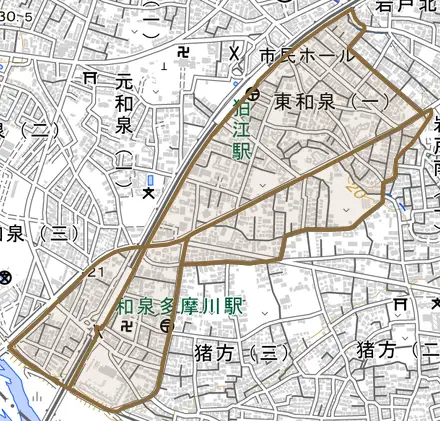 東和泉とその周辺の地図。町の範囲を重ねている