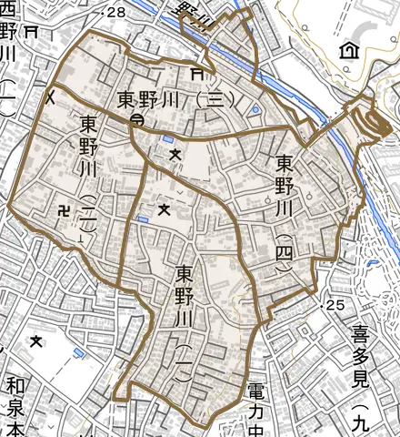 東野川とその周辺の地図。町の範囲を重ねている