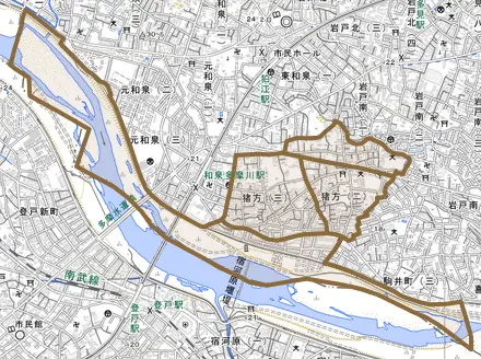 猪方とその周辺の地図。町の範囲を重ねている