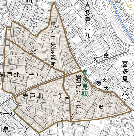 岩戸北とその周辺の地図。町の範囲を重ねている
