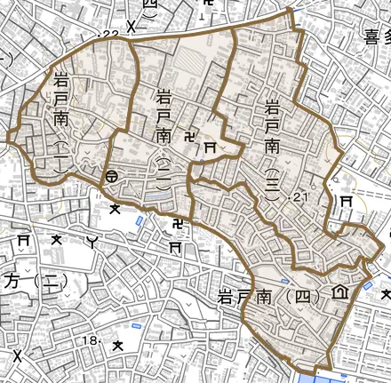 岩戸南とその周辺の地図。町の範囲を重ねている