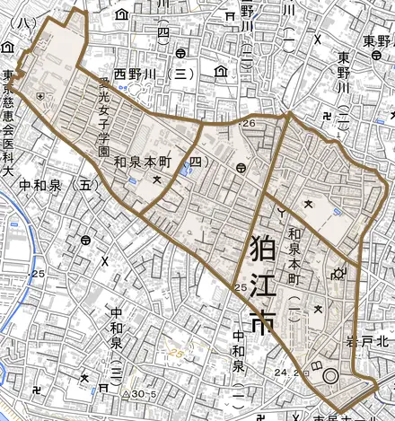 和泉本町とその周辺の地図。町の範囲を重ねている