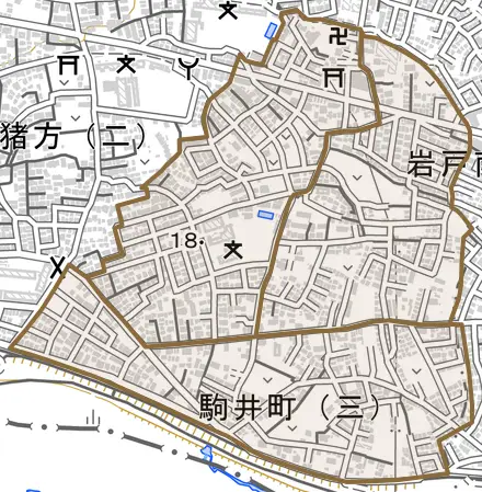駒井町とその周辺の地図。町の範囲を重ねている
