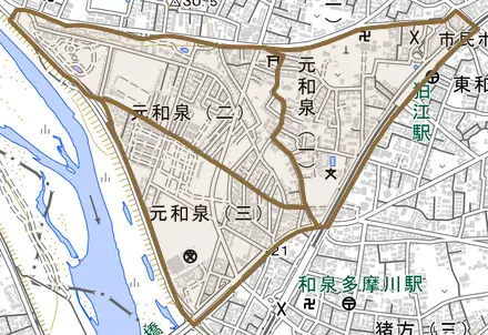元和泉とその周辺の地図。町の範囲を重ねている