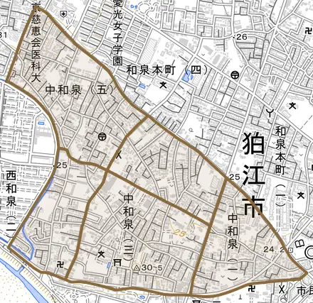中和泉とその周辺の地図。町の範囲を重ねている