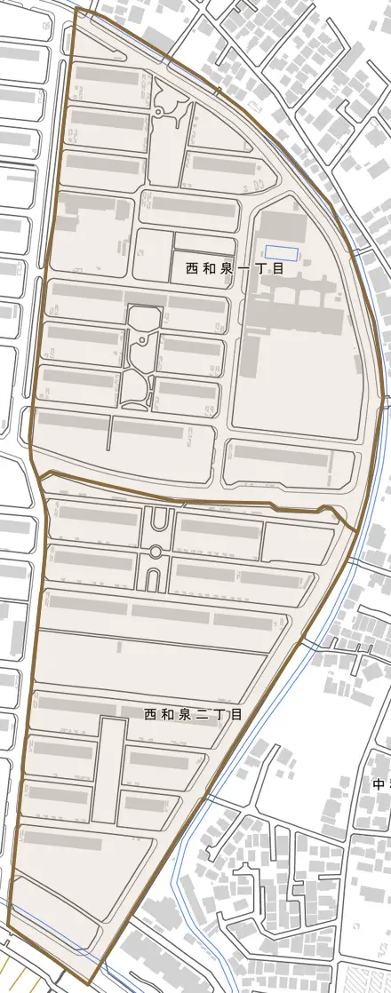 西和泉とその周辺の地図。町の範囲を重ねている