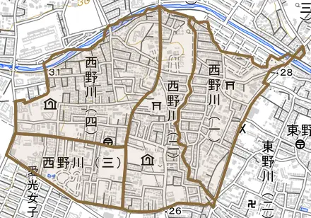 西野川とその周辺の地図。町の範囲を重ねている