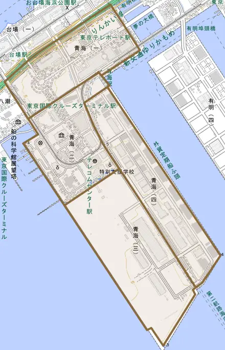 青海とその周辺の地図。町の範囲を重ねている