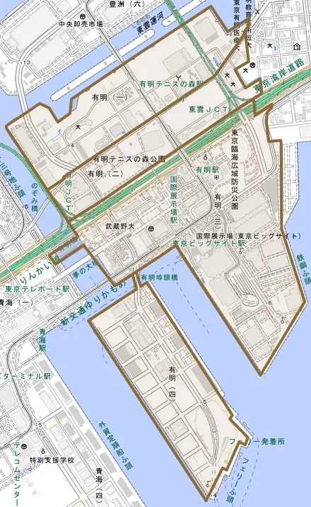 有明とその周辺の地図。町の範囲を重ねている