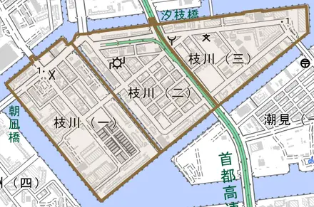 枝川とその周辺の地図。町の範囲を重ねている