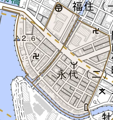永代とその周辺の地図。町の範囲を重ねている