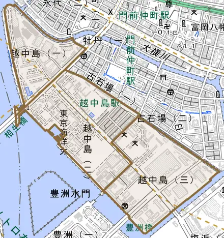 越中島とその周辺の地図。町の範囲を重ねている