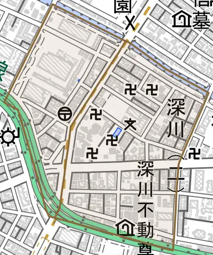 深川とその周辺の地図。町の範囲を重ねている