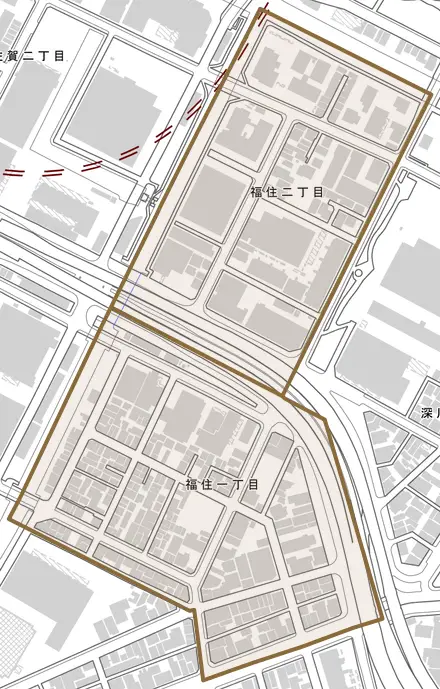 福住とその周辺の地図。町の範囲を重ねている