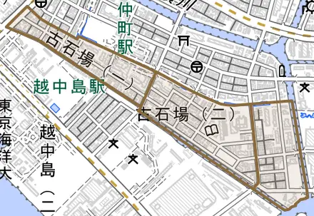 古石場とその周辺の地図。町の範囲を重ねている