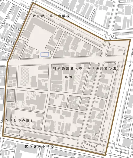冬木とその周辺の地図。町の範囲を重ねている