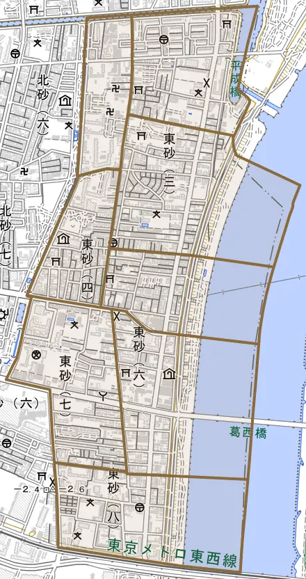 東砂とその周辺の地図。町の範囲を重ねている