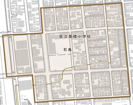 石島とその周辺の地図。町の範囲を重ねている