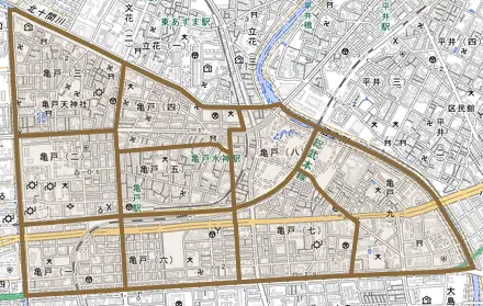 亀戸とその周辺の地図。町の範囲を重ねている