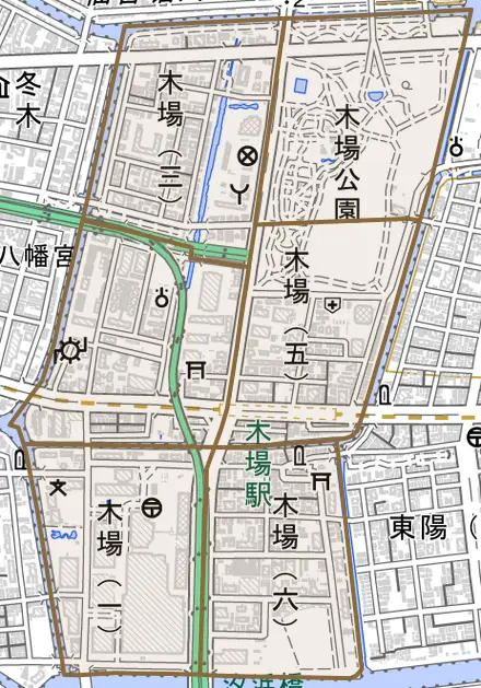 木場とその周辺の地図。町の範囲を重ねている