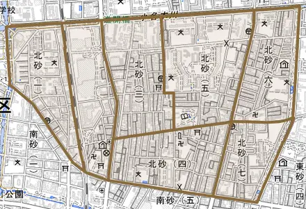 北砂とその周辺の地図。町の範囲を重ねている