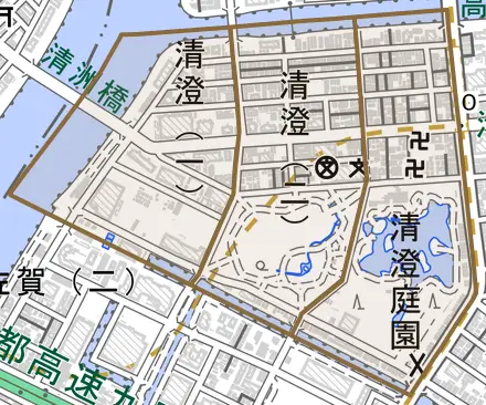 清澄とその周辺の地図。町の範囲を重ねている