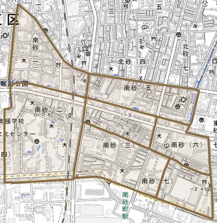 南砂とその周辺の地図。町の範囲を重ねている