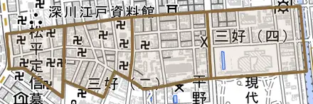 三好とその周辺の地図。町の範囲を重ねている