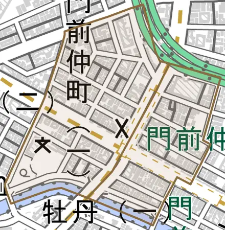 門前仲町とその周辺の地図。町の範囲を重ねている