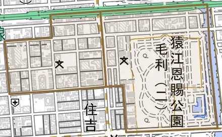 毛利とその周辺の地図。町の範囲を重ねている