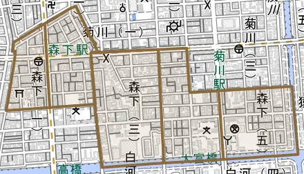 森下とその周辺の地図。町の範囲を重ねている