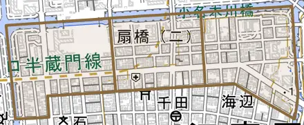 扇橋とその周辺の地図。町の範囲を重ねている