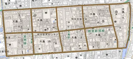 大島とその周辺の地図。町の範囲を重ねている