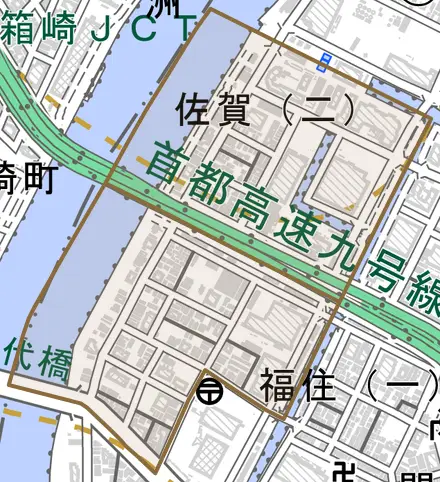 佐賀とその周辺の地図。町の範囲を重ねている