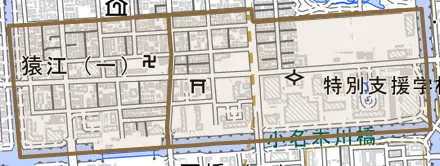 猿江とその周辺の地図。町の範囲を重ねている