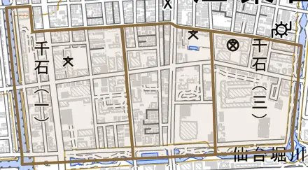 千石とその周辺の地図。町の範囲を重ねている