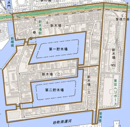 新木場とその周辺の地図。町の範囲を重ねている