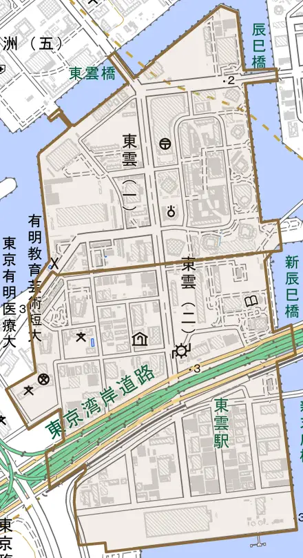 東雲とその周辺の地図。町の範囲を重ねている