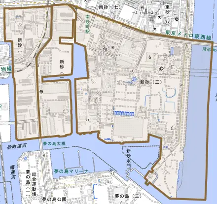 新砂とその周辺の地図。町の範囲を重ねている