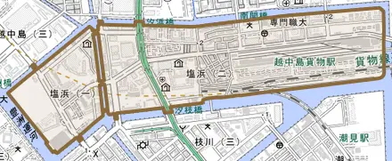 塩浜とその周辺の地図。町の範囲を重ねている